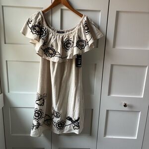 Boston Proper NWT Linen Dress With Black & Gold Embroidery & Pockets Size Small